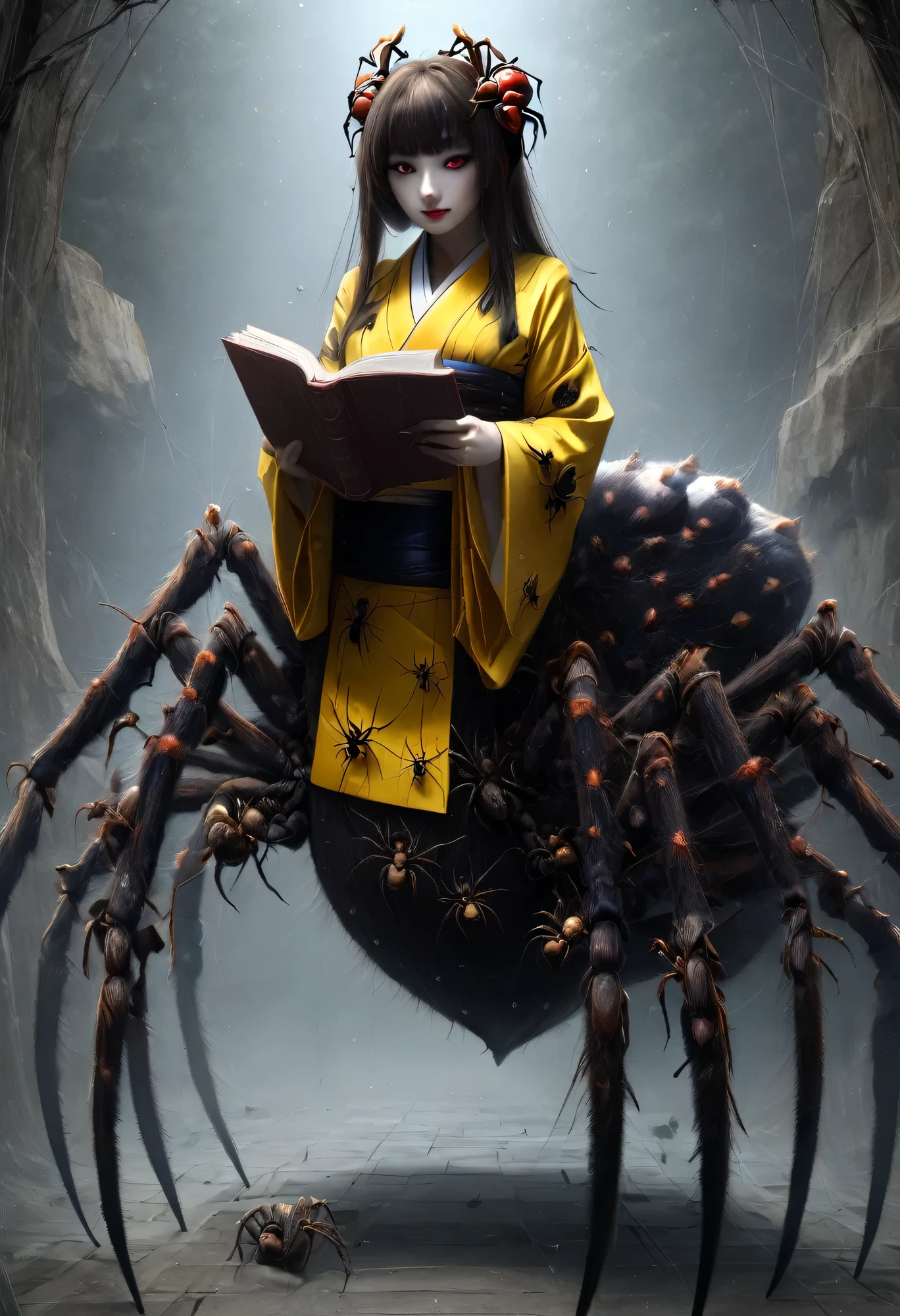 score_8up, score_9, Fantasy World, Arachne, ((kimono, kimono)), Yokai girl spider, Submissive woman, Straight long hair, Brown Hair, ８Thick spider legs of a book, ((Giant black and yellow spider abdomen))、(Human arm)、((real８Spider legs on a book))、Spiders have hair on their legs， smile， ((Slim face))，Perfect hands，Black choker、Blue Contact Lenses、bangs、Very thick and long eyelashes、((Big Breasts)), Dependents, Red lipstick, black and yellow spider