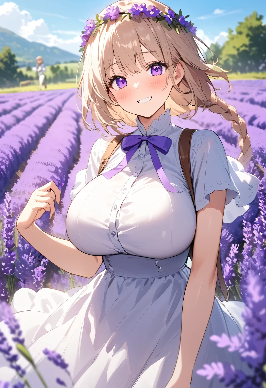 Highest quality、High resolution、Detailed Background、Beautiful face in every detail、Detailed eyes、Teenage beauty、Highly detailed face、Huge breasts、Perfect body line、Light color hair、Braided bob cut、Braided Ponytail、cute hairstyle、Cute gestures、Natural beauty、Fun atmosphere、

A girl and her friend are running hand in hand through a vast lavender field.、
Purple Flower々Surrounded by them, the two of them are smiling happily.、
They have fun collecting lavender flowers to make flower crowns and bouquets to give to their families.、
The two of us are exploring the lavender swaying in the gentle breeze.、
They take photos of each other while enjoying the scent of flowers.、
The girls were engrossed in playing in the fairy-tale-like lavender fields.、I can tell that they are really enjoying themselves.、
A bright scene that captures the joy of playing to your heart&#39;s content in nature and spending time with friends.、cute