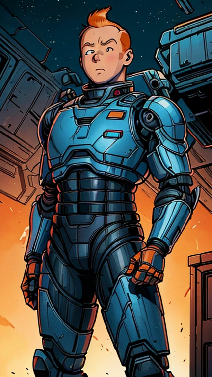 (s:1man: Tintin), (extremely detailed CG unit 8k wallpaper),(master part), (best quality), (ultra detali), (best illustration),(Robocop 1987), cowboy shot, (Sharp eyeliner, ombre, detailed eyes:1),Dark midnight derelict spaceship interiors background, ,break , (in a RoboCop suit), upper body, short hair, orange hair