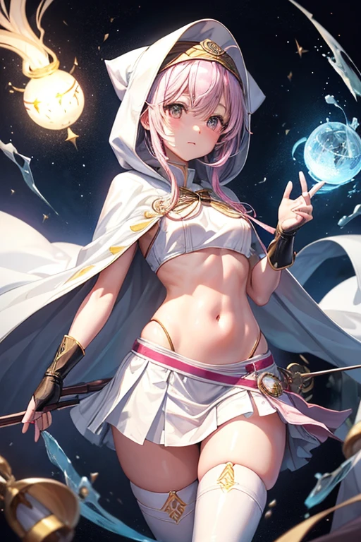 girl、Magia Records、(((Iroha Ring)))、(((hooded cloak)))、White turban、(((ピンク縁どりWhite turban)))、White cloak、(((ピンク縁どりWhite cloak)))、(((White Super Mini Skirt)))、Black Stockings、Knee-high boots、Pink Hair、Bangs、One braid、((Belly button))、See-through belly warmer、crossbow、Gloves、No decoration、Simple design、A cloth worn across the chest