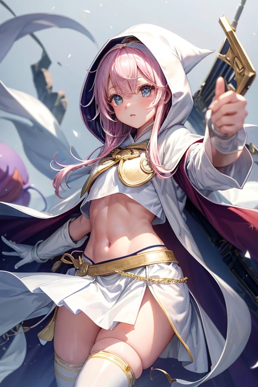 girl、Magia Records、(((Iroha Ring)))、(((hooded cloak)))、White turban、(((ピンク縁どりWhite turban)))、White cloak、(((ピンク縁どりWhite cloak)))、(((White Super Mini Skirt)))、Black Stockings、Knee-high boots、Pink Hair、Bangs、One braid、((Belly button))、See-through belly warmer、crossbow、Gloves、No decoration、Simple design、A cloth worn across the chest