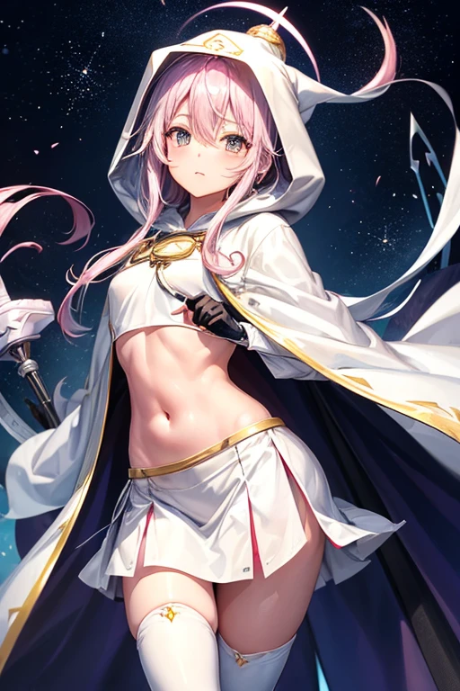 girl、Magia Records、(((Iroha Ring)))、(((hooded cloak)))、White turban、(((ピンク縁どりWhite turban)))、White cloak、(((ピンク縁どりWhite cloak)))、(((White Super Mini Skirt)))、Black Stockings、Knee-high boots、Pink Hair、Bangs、One braid、((Belly button))、See-through belly warmer、crossbow、Gloves、No decoration、Simple design、A cloth worn across the chest