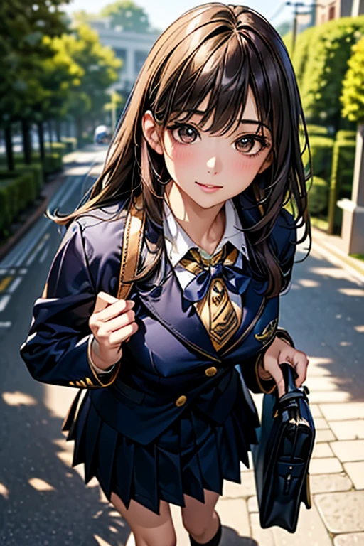 ((Highest quality)),(超High resolution),(Very detailed),(Detailed Description),((The best CG)),(masterpiece),Ultra-detailed art、(Highest quality、8k、32K、masterpiece)、(Realistic)、(Realistic:1.2)、(High resolution)、Very detailed、Very beautiful face and eyes、1 female、((女子high school student:1.3))、Tight waist、Delicate body、(Highest quality、Attention to detail、Rich skin detail)、(Highest quality、8k、Oil paints:1.2)、Very detailed、(Realistic、Realistic:1.37)、Bright colors、1 girl、high school student、Japanese 、Are standing、smile、looking at the camera、Detailed face、Smooth Skin、Long black hair、(Bob Hair、Brown eyes、Natural Makeup、Outdoor Background)、custom school uniforms、((White blouse with navy blue accents、Gold Button、Navy blue pleated skirt with white trim、Knee-length、Navy blue ribbon tie、white ankle socks、Black leather loafers、Navy blue blazer with gold school emblem on breast pocket:1.6、Matching navy blue school bag with gold trim))