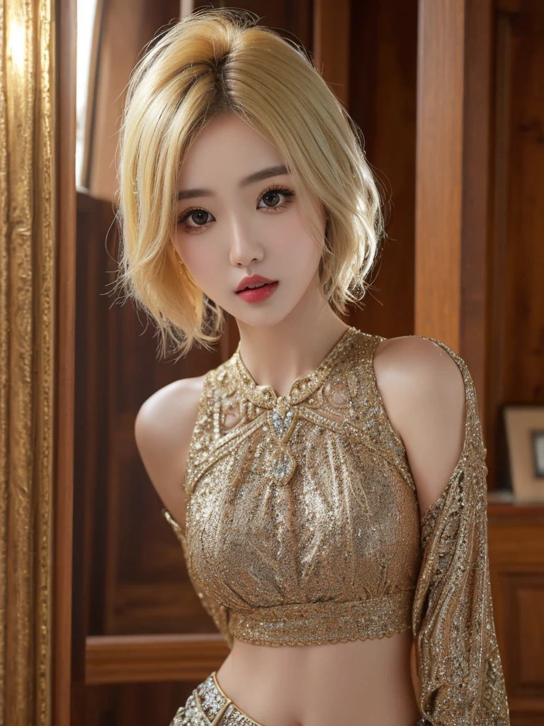 1girl, blonde hair, short hair, (makeup), thick lips, standing, portrait, looking at viewer, midriff, head tilt, looking at another,
masterpiece, best quality, intricate detail