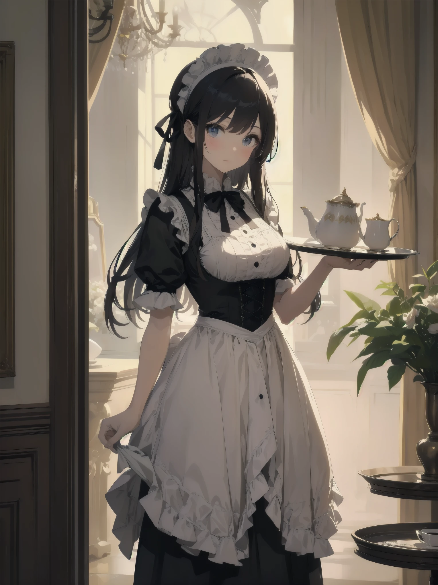 Illustration of a beautiful girl in a cute pose,(Masterpiece: 1.2), (Best quality: 1.2), A cute girl with long black hair, dressed in a classic black and white maid outfit with frilly lace and a matching headband, is standing in a beautifully decorated Victorian-style parlor. She is holding a silver tray with a teapot and teacup, her expression a mix of professionalism and warmth. The background includes ornate furniture, a chandelier, and large windows with heavy drapes, all bathed in soft afternoon light. This illustration emphasizes the elegant and welcoming atmosphere of a high-class tea service