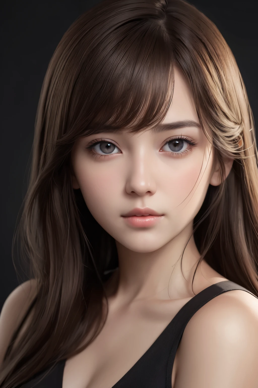 1girl, black eye, blush, perfect illumination, brown hair, puppy eyes, unreal engine, sidelighting, detailed face, bangs, bright skin, simple background, dark background, 