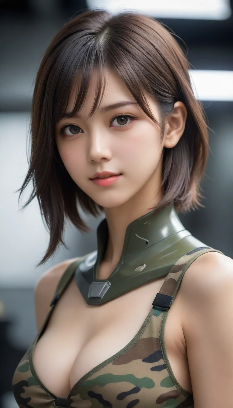 8k, Ultra-high resolution, Highest quality, masterpiece, 三分割法によるphotograph,Surreal, photograph, 1 Girl, (:1.3), pretty girl, Cute Face, Beautiful eyes in every detail, 細かくdetailedに,masterpiece,One Girl:1.2,Japan Female Teachers,ull body,light smile,Black short hair,Bob with bangs,The World of Metal Gear Solid,(印象派の美しい少女のPortraiture),(Impressionist light and colour), (next generation special forces:1.3),(Warrior,Camouflage,Beautiful dark eyes, So cute and beautiful,16 years old0.8),Sharp contours,Looking down, (High-tech special forces), ((Nuclear aircraft carrier)),indoor, Light from above, Low contrast, (Side view),, Perfect and beautiful face ,完璧でCute Face, Skin with attention to detail, Perfect limbs、Narrow waist,Looking at the audience,(((Ideal body type))),A cup small breasts :2,Portraiture:2,Perfect Anatomy,鮮明なdetailed,detailed,Surreal,Light and shadow,glowing