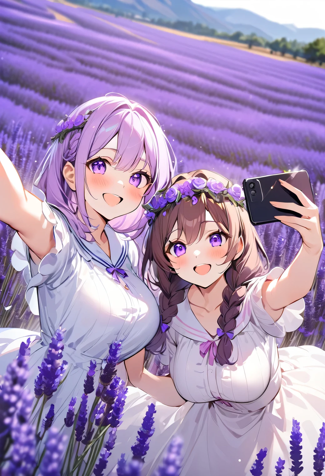 Highest quality、High resolution、Detailed Background、Beautiful face in every detail、Detailed eyes、Teenage beauty、Highly detailed face、Huge breasts、Perfect body line、Light color hair、Braided bob cut、Braided Ponytail、cute hairstyle、Cute gestures、Natural beauty、Fun atmosphere、White Sailor One Piece、cuteJK uniform、(Two girls taking a selfie with a vast lavender field in the background:1.5)、
Purple Flower々The girls are smiling happily surrounded by、They have fun collecting lavender flowers to make flower crowns and bouquets to give to their families.、Among the lavender swaying in the gentle breeze、They take photos of each other while enjoying the scent of flowers.、The girls were engrossed in playing in the fairy-tale-like lavender fields.、I can tell that they are really enjoying themselves.、A bright scene that captures the joy of playing to your heart&#39;s content in nature and spending time with friends.、cute