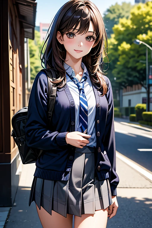 ((Highest quality)),(超High resolution),(Very detailed),(Detailed Description),((The best CG)),(masterpiece),Ultra-detailed art、(Highest quality、8k、32K、masterpiece)、(Realistic)、(Realistic:1.2)、(High resolution)、Very detailed、Very beautiful face and eyes、1 female、((女子high school student:1.3))、Tight waist、Delicate body、(Highest quality、Attention to detail、Rich skin detail)、(Highest quality、8k、Oil paints:1.2)、Very detailed、(Realistic、Realistic:1.37)、Bright colors、1 girl、high school student、Japanese 、Are standing、smile、looking at the camera、Detailed face、Smooth Skin、Long black hair、Straight Hair、Brown eyes、Natural Makeup、Outdoor Background、Custom Uniforms、Navy blue cardigan with white stripes on the sleeves、Light blue button-up shirt、Gray plaid skirt、Lap above、Navy blue tie、Ankle socks、White sneakers、A navy blue cardigan with the school emblem on the chest、Grey backpack with blue accents