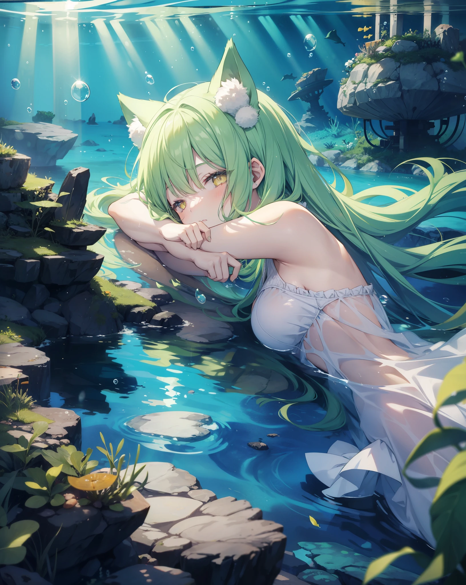 1girl, neko ears, green hair, yellow eyes, lining in a bubble under the sea. She is sleeping. Scenery underwater 