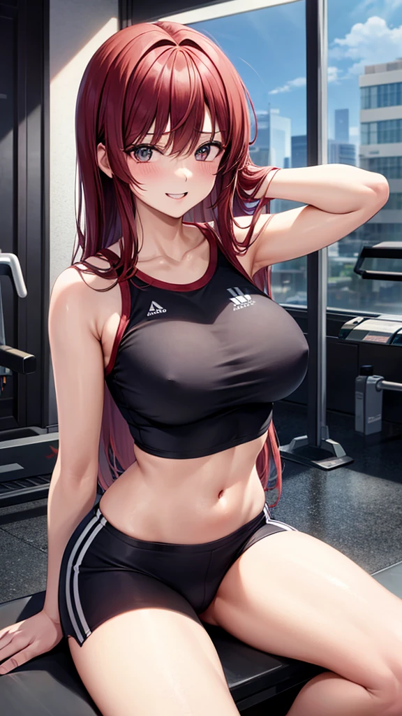 kei (dirty pair) (cosplay), 32-years-old femaile. Dark red long hair with bangs to the eyebrows. Wearing a sexy gym uniform. Sexy pose. In the gym. smiling,, sitting down, one leg up