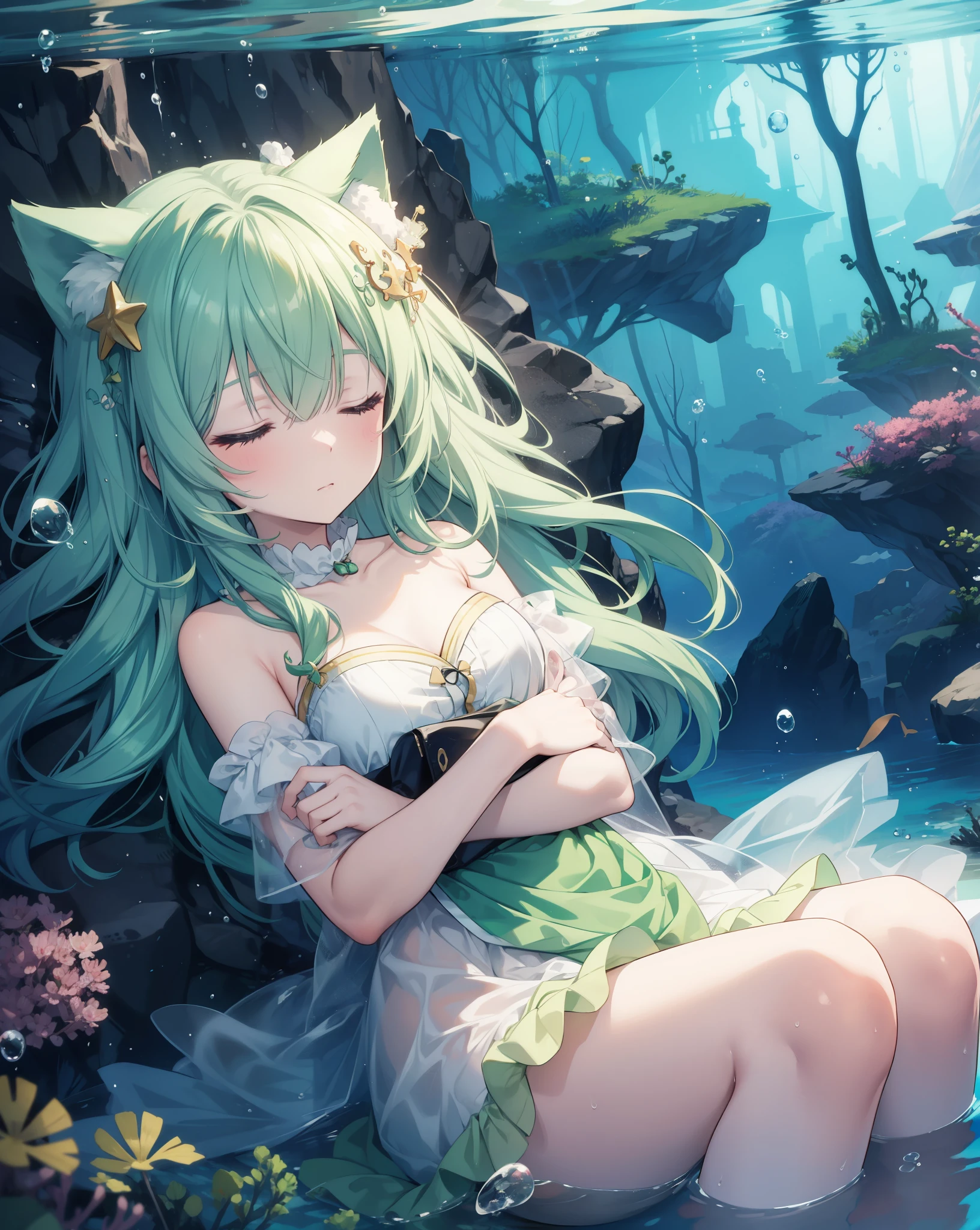 1girl, neko ears, green hair, closed eyes, lining in a bubble under the sea. She is sleeping. Scenery underwater.
