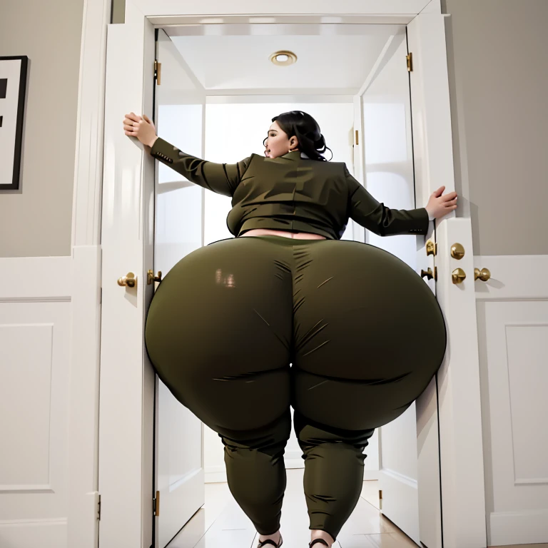 masterpiece, 1girl behind a doorway, from behind, (doorstuck, stuckback:1.3), ssbbw ,huge wide hips, round belly, thick thighs, giant butt,colorful clothing, wearing a olive green suit and tie and formal pants, upset, desperately trying to wiggle through, she tries to free herself but she won't budge, she is stuck tight view from behind, she is too wide, the doorway is quite narrow too, she kicks her legs furiously, trying to wiggle her hips through the small door, but its no good, the door is too small, she keeps trying to squeeze through with frustration, she is stuck too tight