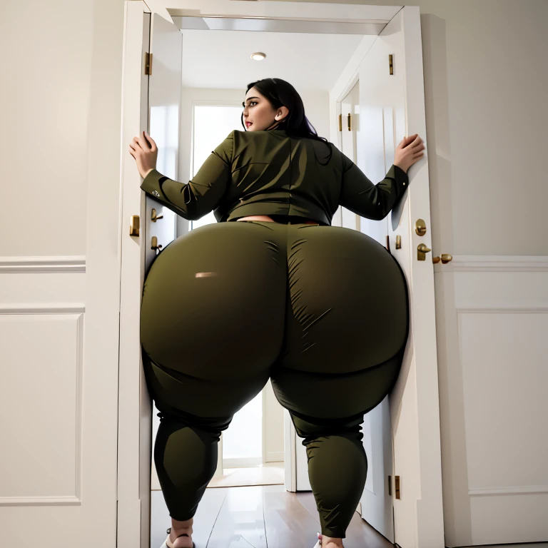 masterpiece, 1girl behind a doorway, from behind, (doorstuck, stuckback:1.3), ssbbw ,huge wide hips, round belly, thick thighs, giant butt,colorful clothing, wearing a olive green suit and tie and formal pants, upset, desperately trying to wiggle through, she tries to free herself but she won't budge, she is stuck tight view from behind, she is too wide, the doorway is quite narrow too, she kicks her legs furiously, trying to wiggle her hips through the small door, but its no good, the door is too small, she keeps trying to squeeze through with frustration, she is stuck too tight