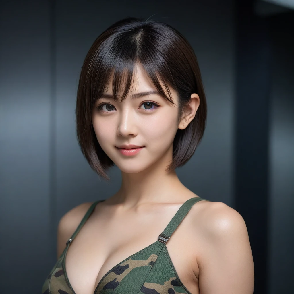 8k, Ultra-high resolution, Highest quality, masterpiece, 三分割法によるphotograph,Surreal, photograph, 1 Girl, (:1.3), pretty girl, Cute Face, Beautiful eyes in every detail, 細かくdetailedに,masterpiece,One Girl:1.2,Japan Female Teachers,extream close up,light smile,Black short hair,Bob with bangs,The World of Metal Gear Solid,(印象派の美しい少女のPortraiture),(Impressionist light and colour), (next generation special forces:1.3),(Warrior,Camouflage,Beautiful dark eyes, So cute and beautiful,16 years old0.8),Sharp contours,Looking down, (High-tech special forces), ((Nuclear aircraft carrier)),indoor, Light from above, Low contrast, (Side view),, Perfect and beautiful face ,完璧でCute Face, Skin with attention to detail, Perfect limbs、Narrow waist,Looking at the audience,(((Ideal body type))),A cup small breasts :2,Portraiture:2,Perfect Anatomy,鮮明なdetailed,detailed,Surreal,Light and shadow,glowing
