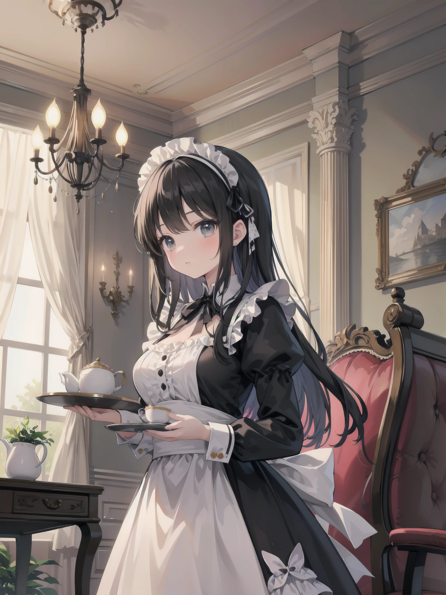 Illustration of a beautiful girl in a cute pose,(Masterpiece: 1.2), (Best quality: 1.2), A cute girl with long black hair, dressed in a classic black and white maid outfit with frilly lace and a matching headband, is standing in a beautifully decorated Victorian-style parlor. She is holding a silver tray with a teapot and teacup, her expression a mix of professionalism and warmth. The background includes ornate furniture, a chandelier, and large windows with heavy drapes, all bathed in soft afternoon light. This illustration emphasizes the elegant and welcoming atmosphere of a high-class tea service