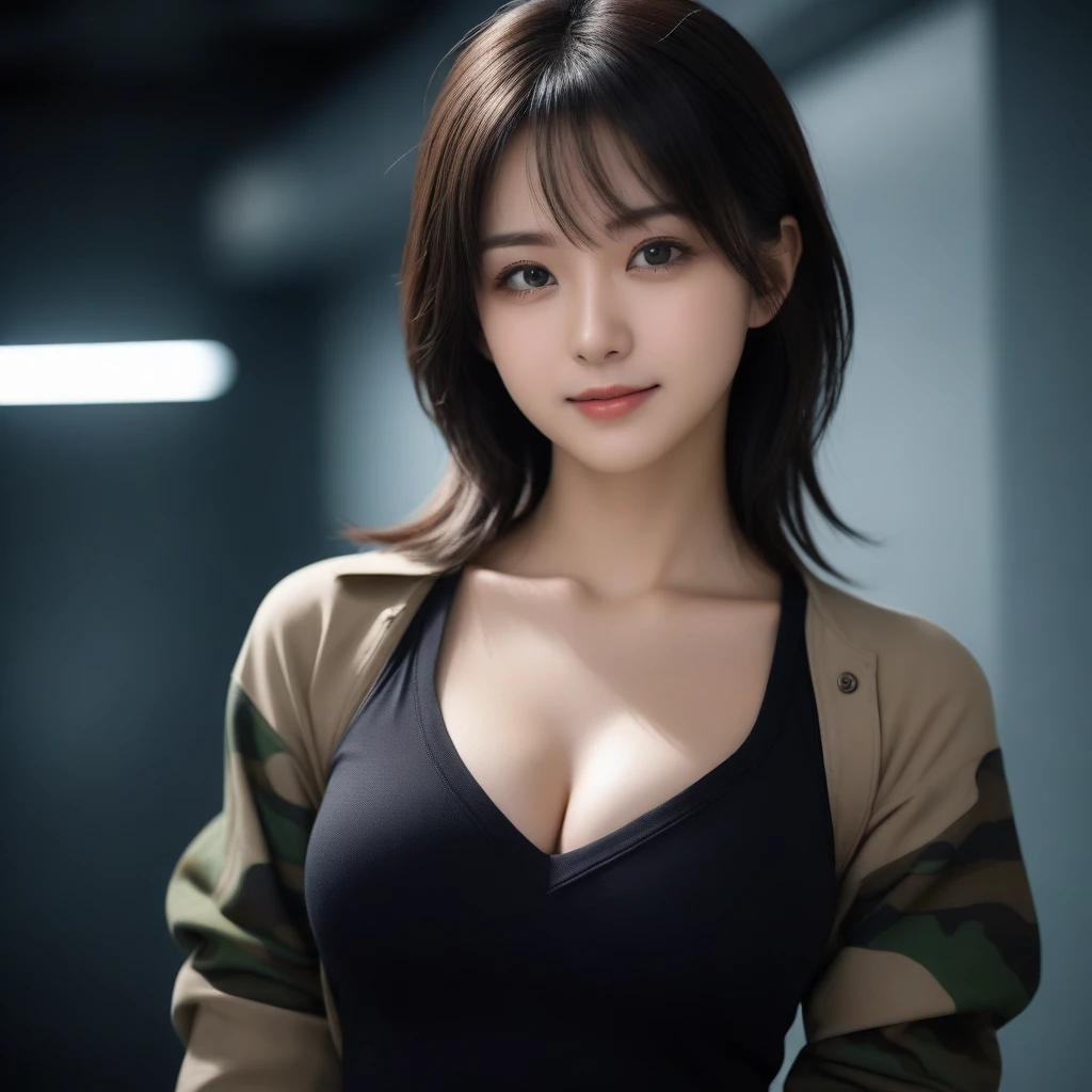 8k, Ultra-high resolution, Highest quality, masterpiece, 三分割法によるphotograph,Surreal, photograph, 1 Girl, (:1.3), pretty girl, Cute Face, Beautiful eyes in every detail, 細かくdetailedに,masterpiece,One Girl:1.2,Japan Female Teachers,extream close up,light smile,Black short hair,Bob with bangs,The World of Metal Gear Solid,(印象派の美しい少女のPortraiture),(Impressionist light and colour), (next generation special forces:1.3),(Warrior,Camouflage,Beautiful dark eyes, So cute and beautiful,16 years old0.8),Sharp contours,Looking down, (High-tech special forces), ((Nuclear aircraft carrier)),indoor, Light from above, Low contrast, (Side view),, Perfect and beautiful face ,完璧でCute Face, Skin with attention to detail, Perfect limbs、Narrow waist,Looking at the audience,(((Ideal body type))),A cup small breasts :2,Portraiture:2,Perfect Anatomy,鮮明なdetailed,detailed,Surreal,Light and shadow,glowing