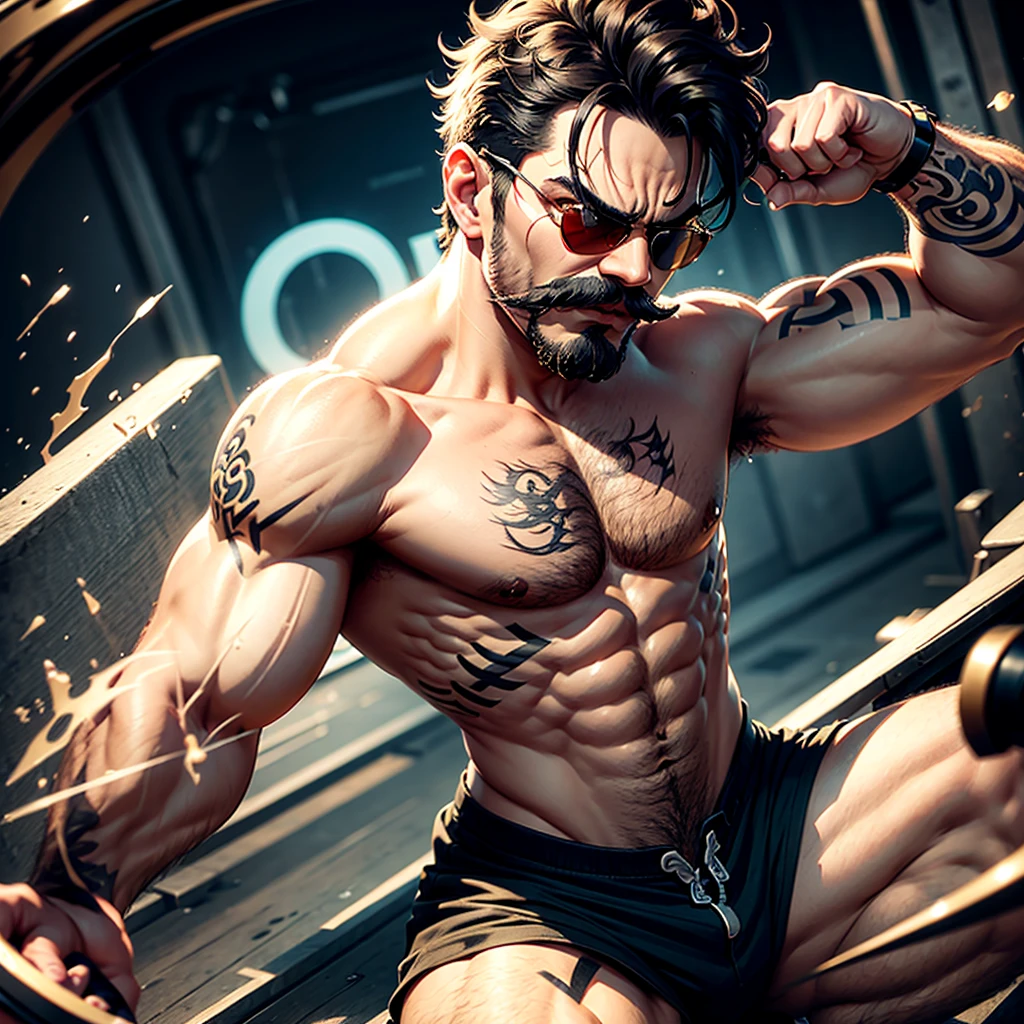 Create a drawing of a funny man with a tattoo writing "ANTI RP" WITH FUNNY SUNGLASSES AND WITH A CURLED MUSTACHE I want the character shirtless and with an angry face