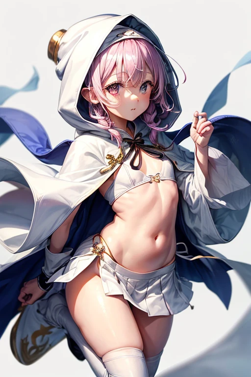 girl、Magia Records、(((Iroha Ring)))、(((hooded cloak)))、White turban、(((ピンク縁どりWhite turban)))、White cloak、(((ピンク縁どりWhite cloak)))、(((White Super Mini Skirt)))、Black Stockings、Knee-high boots、Pink Hair、Bangs、One braid、((Belly button))、See-through black belly warmer、crossbow、Gloves、No decoration、Simple design、Cross the cloth to cover your chest、