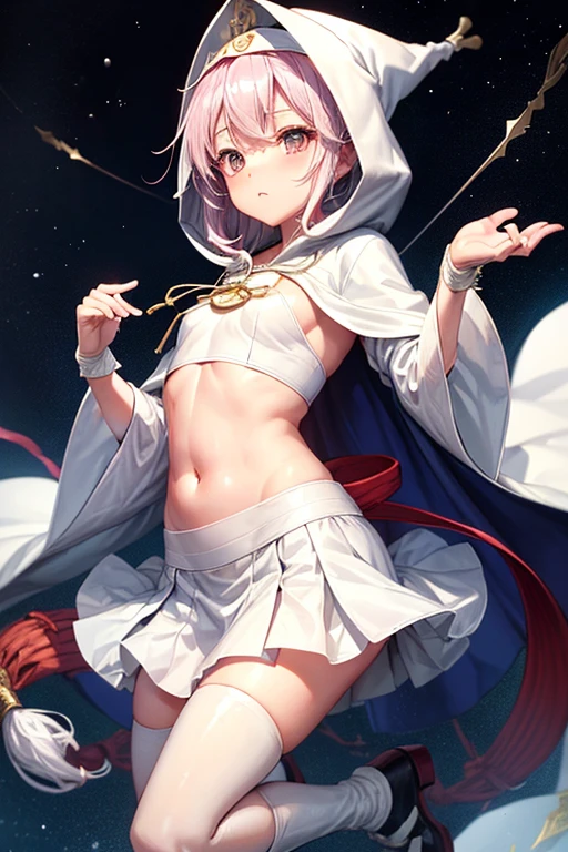 girl、Magia Records、(((Iroha Ring)))、(((hooded cloak)))、White turban、(((ピンク縁どりWhite turban)))、White cloak、(((ピンク縁どりWhite cloak)))、(((White Super Mini Skirt)))、Black Stockings、Knee-high boots、Pink Hair、Bangs、One braid、((Belly button))、See-through black belly warmer、crossbow、Gloves、No decoration、Simple design、Cross the cloth to cover your chest、
