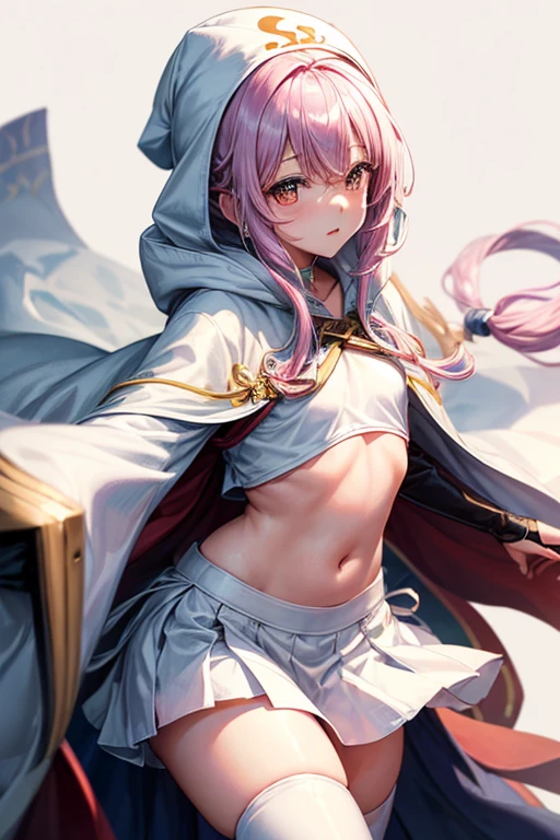 girl、Magia Records、(((Iroha Ring)))、(((hooded cloak)))、White turban、(((ピンク縁どりWhite turban)))、White cloak、(((ピンク縁どりWhite cloak)))、(((White Super Mini Skirt)))、Black Stockings、Knee-high boots、Pink Hair、Bangs、One braid、((Belly button))、See-through black belly warmer、crossbow、Gloves、No decoration、Simple design、Cross the cloth to cover your chest、