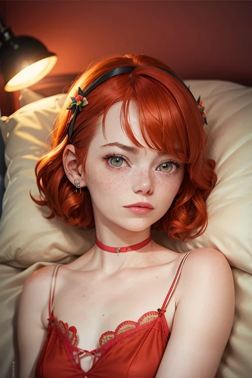 1womanl, Red hair, shorth hair, shy facial expression, short camisole, flower in hair, good backlight, the night, lying on her bed, bangss, aretes, freckles on the face, redheadwear