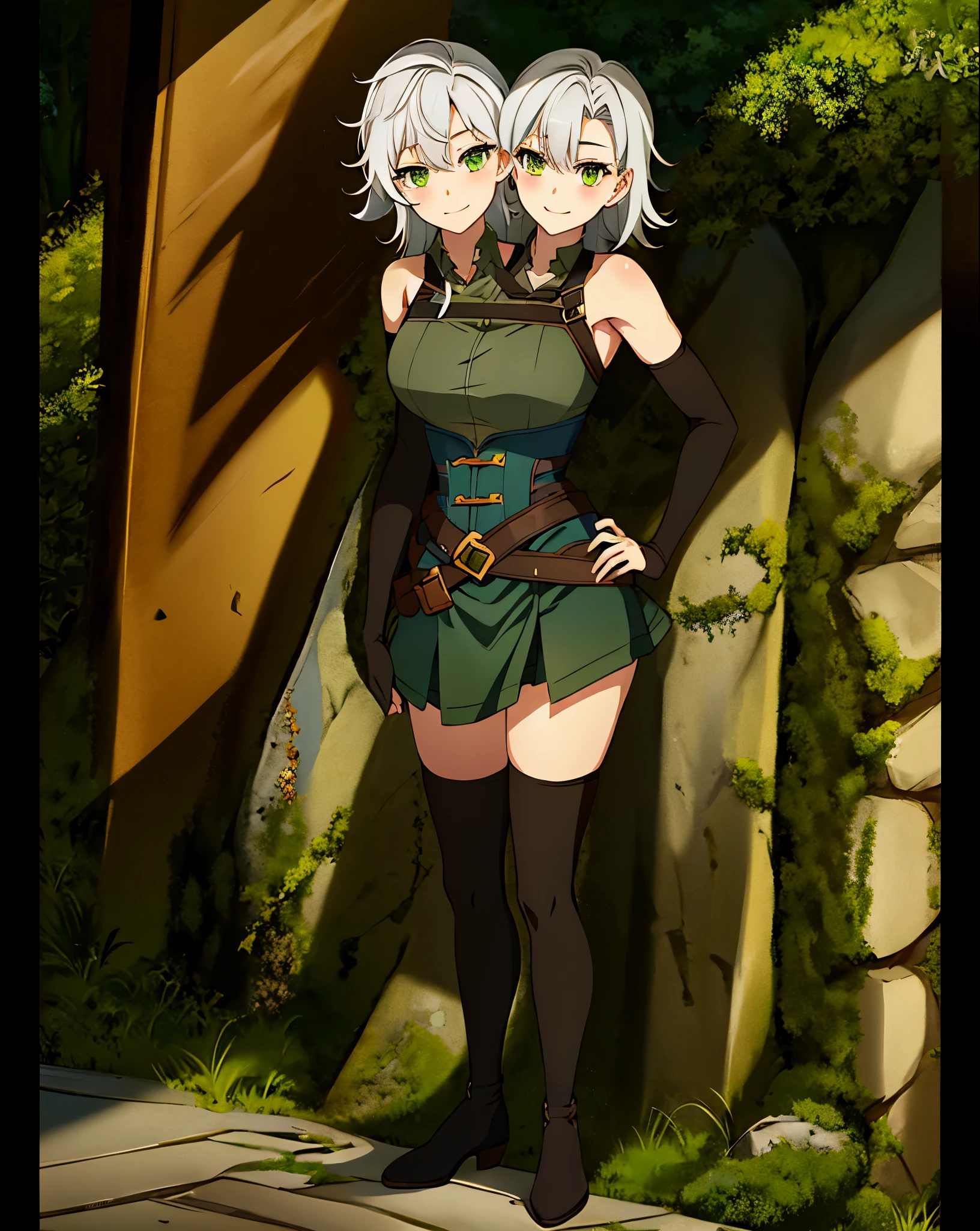 best quality, (masterpiece:1.2), illustration, absurdres,
(1girl), (solo), (beautiful detailed girl),  full body shot,,
white hair, long hair, green eyes, medium breasts
green beret, green corset, white skirt, brown top, bare shoulders, black gloves, elbow gloves,  black boots, thighhigh boots, 
looking at viewer, smile,
pine forest, scandinavian forest, river, rocks, (2heads:1.5)