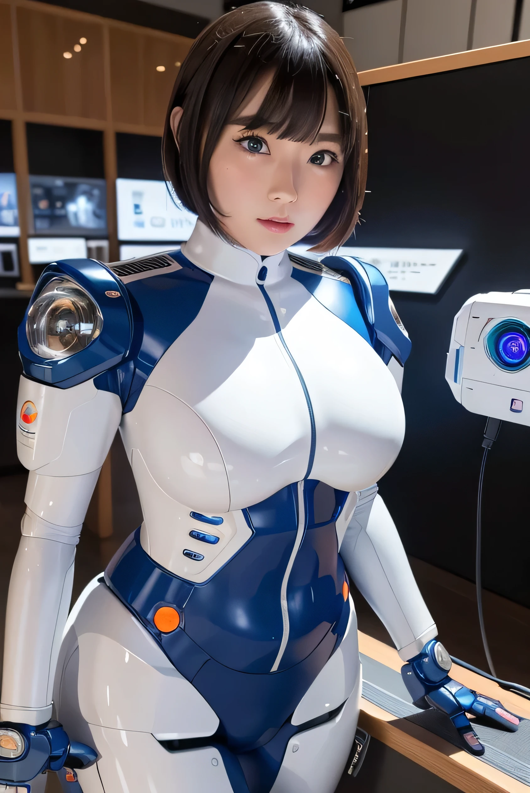 masterpiece, Best Quality, Extremely detailed, 8K portrait,Japaese android girl,Plump , control panels,Robot arms and legs, Blunt bangs,Charging spot,She has charged energy,She is exhibits,museum hall,blue eyes