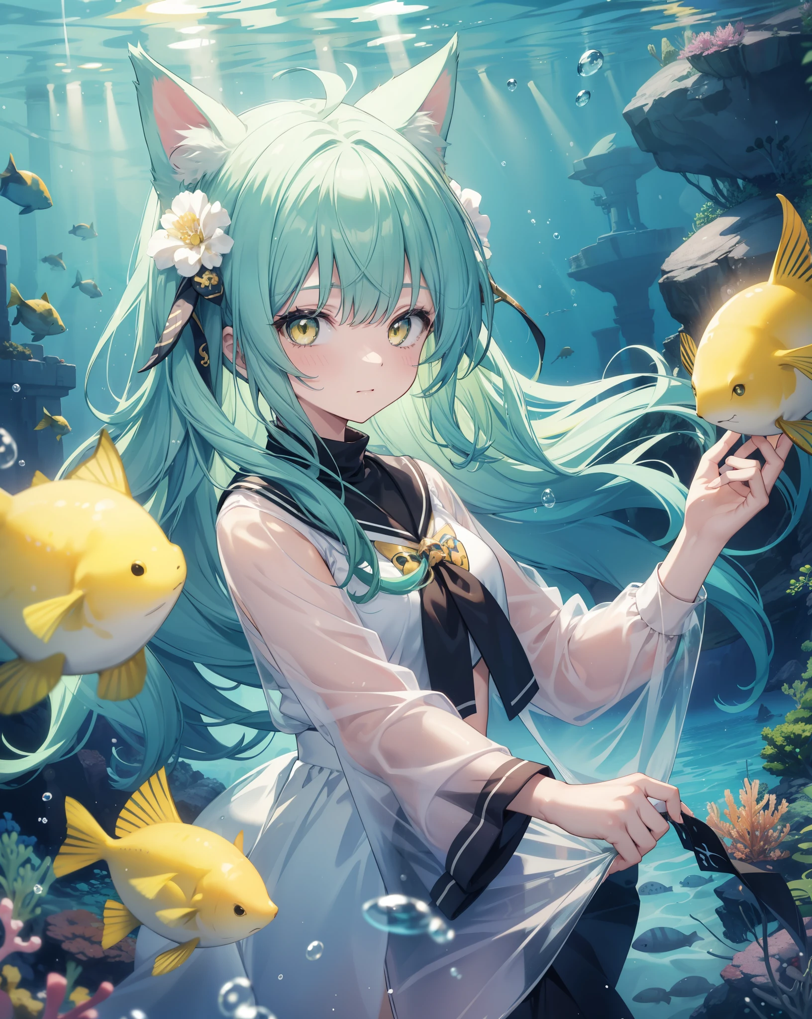 1girl, neko ears, green hair, yellow eyes, lining in a bubble under the sea. She is playing with some fishes, she's happy. Scenery underwater. 