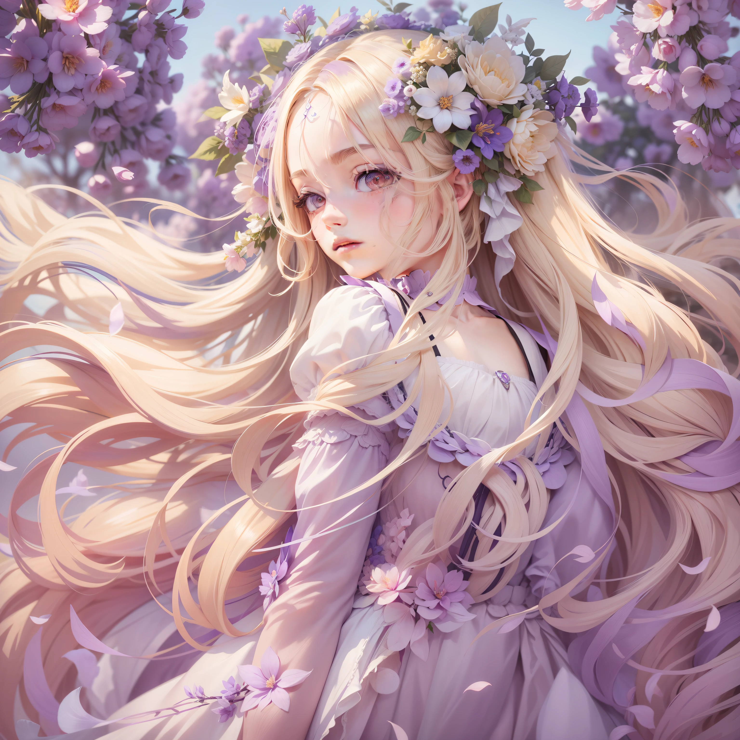 cheveux blond, fleur de cheveux, couronne de tête, pente_yeux, long cils, tsurime, grimacer, sourcils derrière les cheveux, cheveux violets, cheveux très longs, cheveux flottants, cheveux absurdement longs, animé, vue à la première personne, néoclassicisme, Renaissance, 8k, haute résolution, Meilleure qualité