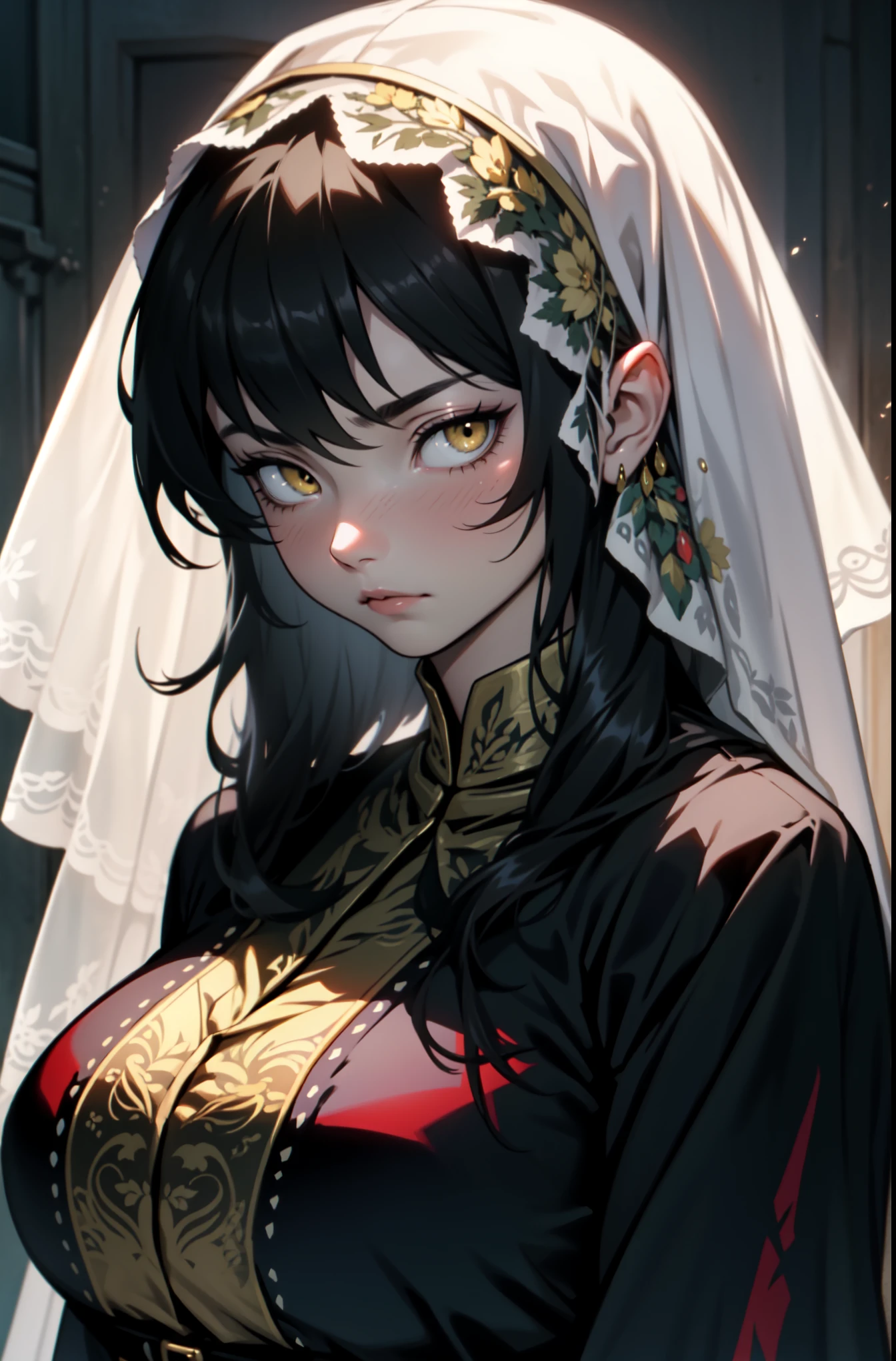 expressionless sad girl dark atmosphere veil black hair yellow eyes pale skin muscular girl huge breasts traditional clothes lace fabric gloomy veil