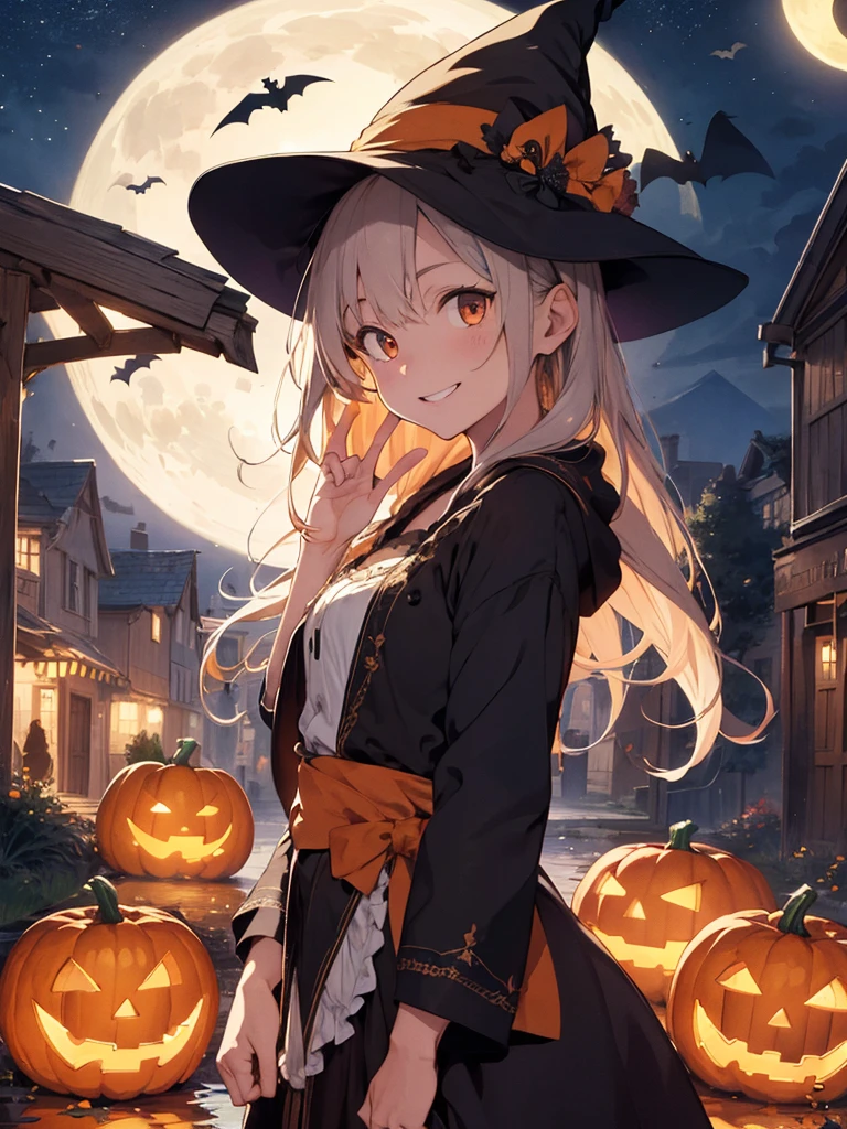 absurdres, highres, ultra detailed, (1girl:1.3) , Halloween witch, ((lovely smile)),wizard robes, wizard hat, Jack o'lantern, night, moon lighting,
BREAK, Halloween atmosphere,(half body image:1.5),
 , kaleidoscopic imagery, symmetrical patterns, vibrant colors, geometric shapes, mesmerizing designs, optical illusions, dynamic composition
BREAK
, pantomime art, expressive body language, silent storytelling, evocative gestures, visual narratives, theatrical performances
BREAK
, blooming pumpkins, colorful petals, fragrant scents, nature's bounty, vibrant gardens, peaceful scenery,(wide angle:1.5)