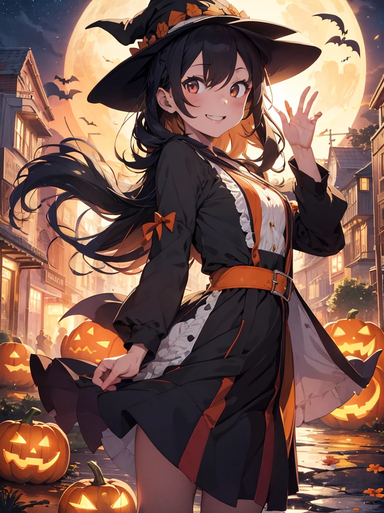 absurdres, highres, ultra detailed, (1girl:1.3) , Halloween witch, ((lovely smile)),wizard robes, wizard hat, Jack o'lantern, night, moon lighting,
BREAK, Halloween atmosphere,(half body image:1.5),
 , kaleidoscopic imagery, symmetrical patterns, vibrant colors, geometric shapes, mesmerizing designs, optical illusions, dynamic composition
BREAK
, pantomime art, expressive body language, silent storytelling, evocative gestures, visual narratives, theatrical performances
BREAK
, blooming pumpkins, colorful petals, fragrant scents, nature's bounty, vibrant gardens, peaceful scenery,(wide angle:1.5)