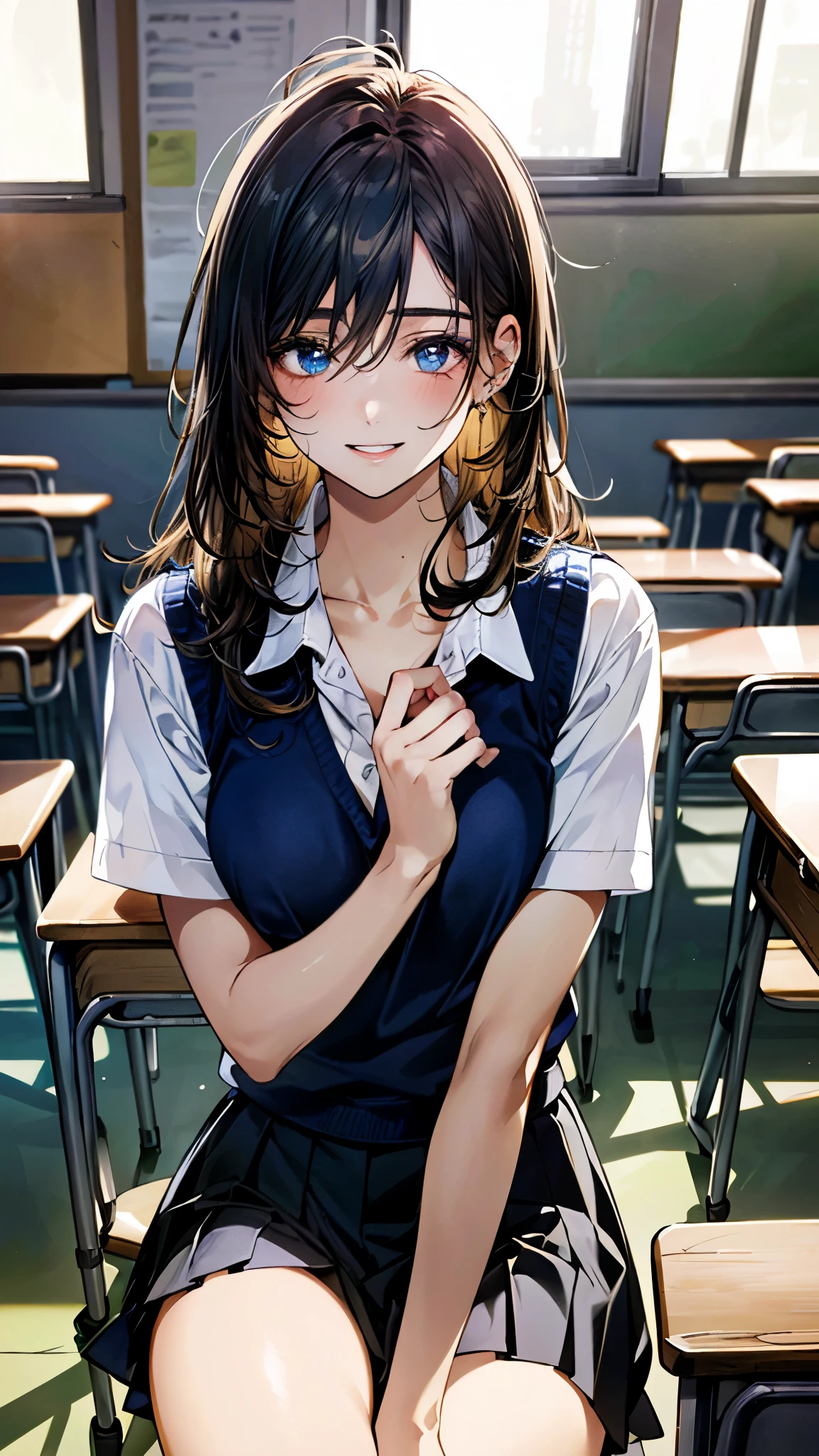 (masterpiece:1.3, top-quality, ultra high res, ultra detailed), (realistic, photorealistic:1.4), beautiful illustration, perfect lighting, colorful, depth of fields, nsfw,
beautiful detailed hair, beautiful detailed face, beautiful detailed eyes, beautiful clavicle, beautiful body, beautiful chest, beautiful thigh, beautiful legs, beautiful fingers,
looking at viewer, 1 girl, high school girl, (perfect anatomy, anatomically correct, super detailed skin), perfect face, perfect eyes, cute and symmetrical face, babyface,
(long hair:1.5, messy hair, black hair), hair between eyes:0.7, marine blue eyes, slant eyes, big eyes, long eye lasher, (medium breasts, seductive thighs), slender, shiny skin, glowing skin,
(navy knit vest with white line, short sleeve white collared shirt, grey pleated skirt), black socks, white panties,
(beautiful scenery), evening, (classroom:1.2), standing, ((hands on waist)), (grin, head tilt, closed mouth),