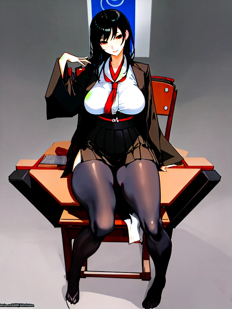 32k, ((Masterpiece, Best Quality)), edgQuality, edgBIC, black bra under the white shirt, 1 girl, Alone, wide, medium breasts, long blue hair, with long ponytail, with red ribbon in her hair, purple eyes, looking at the viewer, blush, SMILE, Open mouth, wearing formal gray miniskirt, with black stockings, light, stockings suspenders,  black heels,  gray jacket, white transparent shirt,  tits, in a office, day, collar shirt, Transparent, using edgBIC, with a pen in hand.