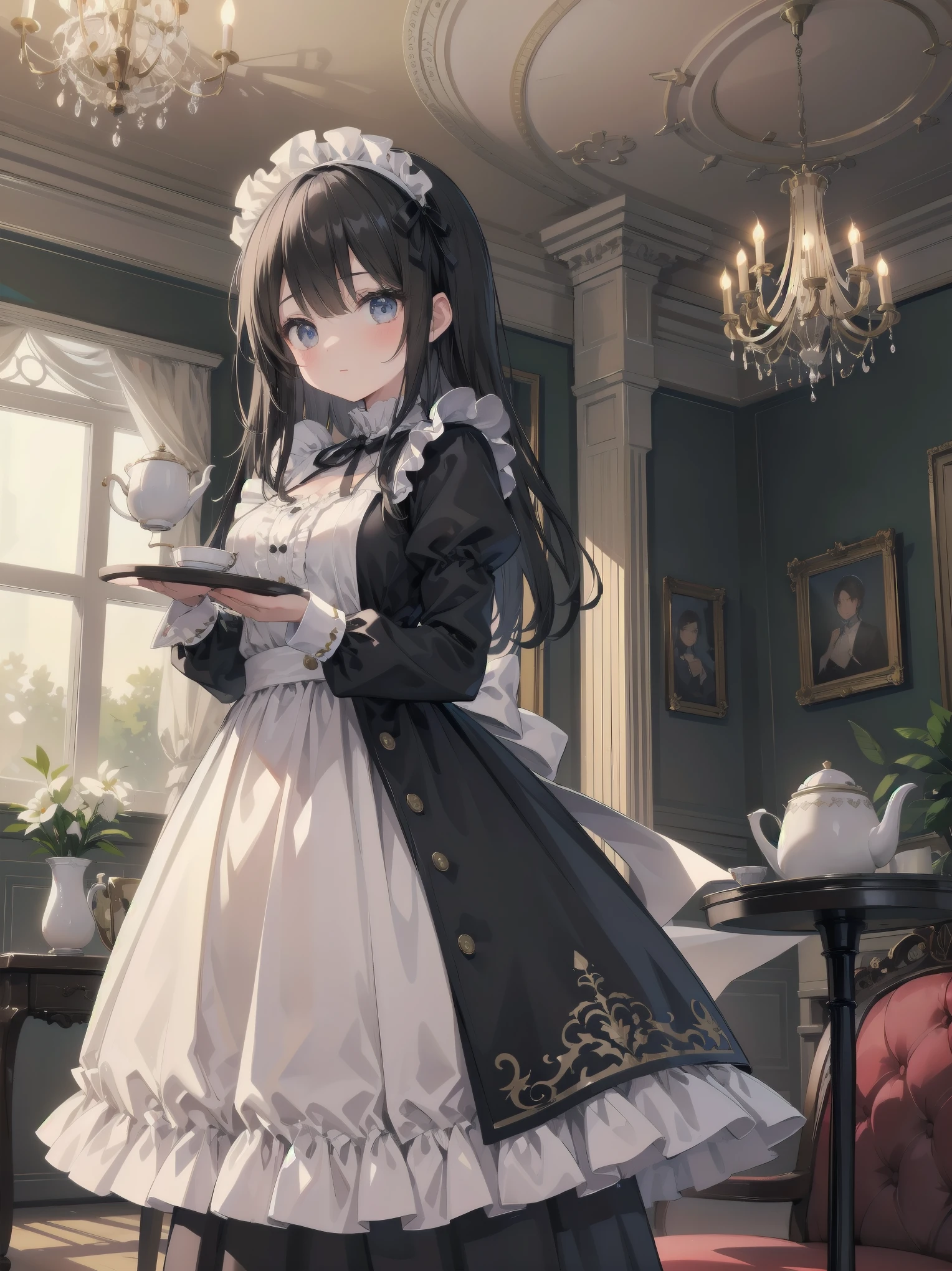 Illustration of a beautiful girl in a cute pose,(Masterpiece: 1.2), (Best quality: 1.2), A cute girl with long black hair, dressed in a classic black and white maid outfit with frilly lace and a matching headband, is standing in a beautifully decorated Victorian-style parlor. She is holding a silver tray with a teapot and teacup, her expression a mix of professionalism and warmth. The background includes ornate furniture, a chandelier, and large windows with heavy drapes, all bathed in soft afternoon light. This illustration emphasizes the elegant and welcoming atmosphere of a high-class tea service