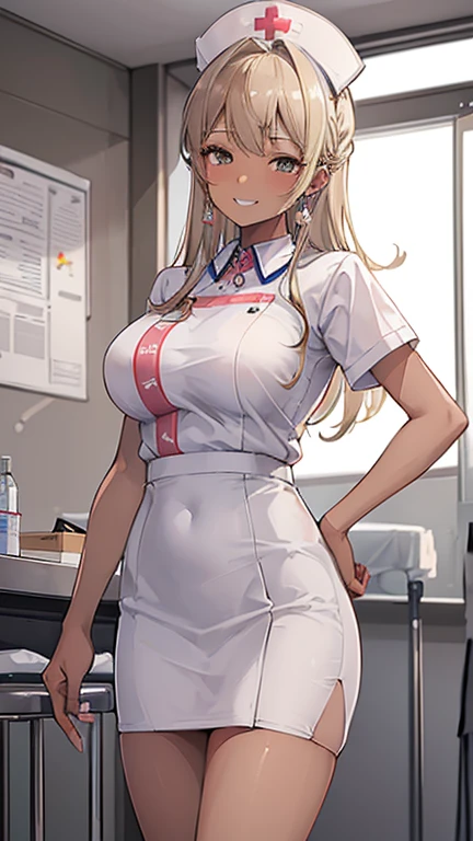 ((masterpiece、Highest quality、Very detailed))、One Girl、((Brown Skin:1.3))、blonde、Long Hair、Grey Eyes、Wicked Smile、((Grin))、Earrings、Large Breasts、Nurse cap、((nurse))、((Pencil Skirt))、((mini skirt))、Cowboy Shot、((Hospital room background))