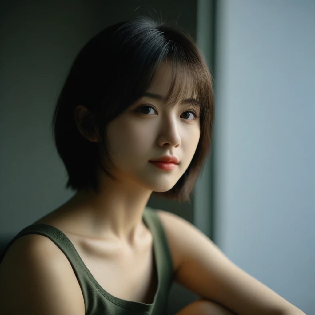 8k, Ultra-high resolution, Highest quality, masterpiece, 三分割法によるphotograph,Surreal, photograph, 1 Girl, (:1.3), pretty girl, Cute Face, Beautiful eyes in every detail, 細かくdetailedに,masterpiece,One Girl:1.2,Japan Female Teachers,extream close up,light smile,Black short hair,Bob with bangs,The World of Metal Gear Solid,(印象派の美しい少女のPortraiture),(Impressionist light and colour), (next generation special forces:1.3),(Warrior,Camouflage,Beautiful dark eyes, So cute and beautiful,16 years old0.8),Sharp contours,Looking down, (High-tech special forces), ((Nuclear aircraft carrier)),indoor, Light from above, Low contrast, (Side view),, Perfect and beautiful face ,完璧でCute Face, Skin with attention to detail, Perfect limbs、Narrow waist,Looking at the audience,(((Ideal body type))),A cup small breasts :2,Portraiture:2,Perfect Anatomy,鮮明なdetailed,detailed,Surreal,Light and shadow,glowing