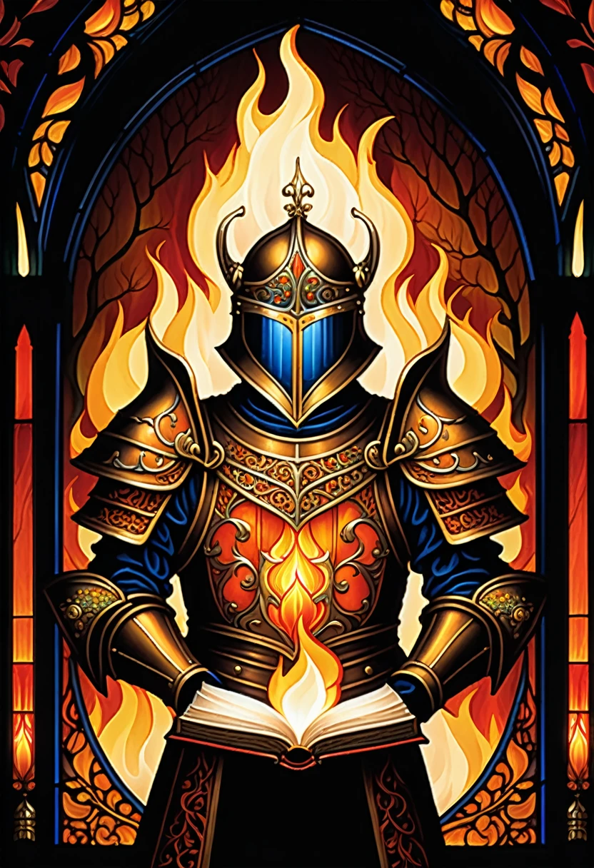 triadic colors, cinematic, offcial art, fire flames armor medieval orange transparent glass, fire flames oranges , Baroque, streaming, highly detailed stained glass, Andy Kehoe, John Blanche, highly detailed complex background,  detailed book illustration, fancy, filigreed, filigreed detailed, Intricate, cute