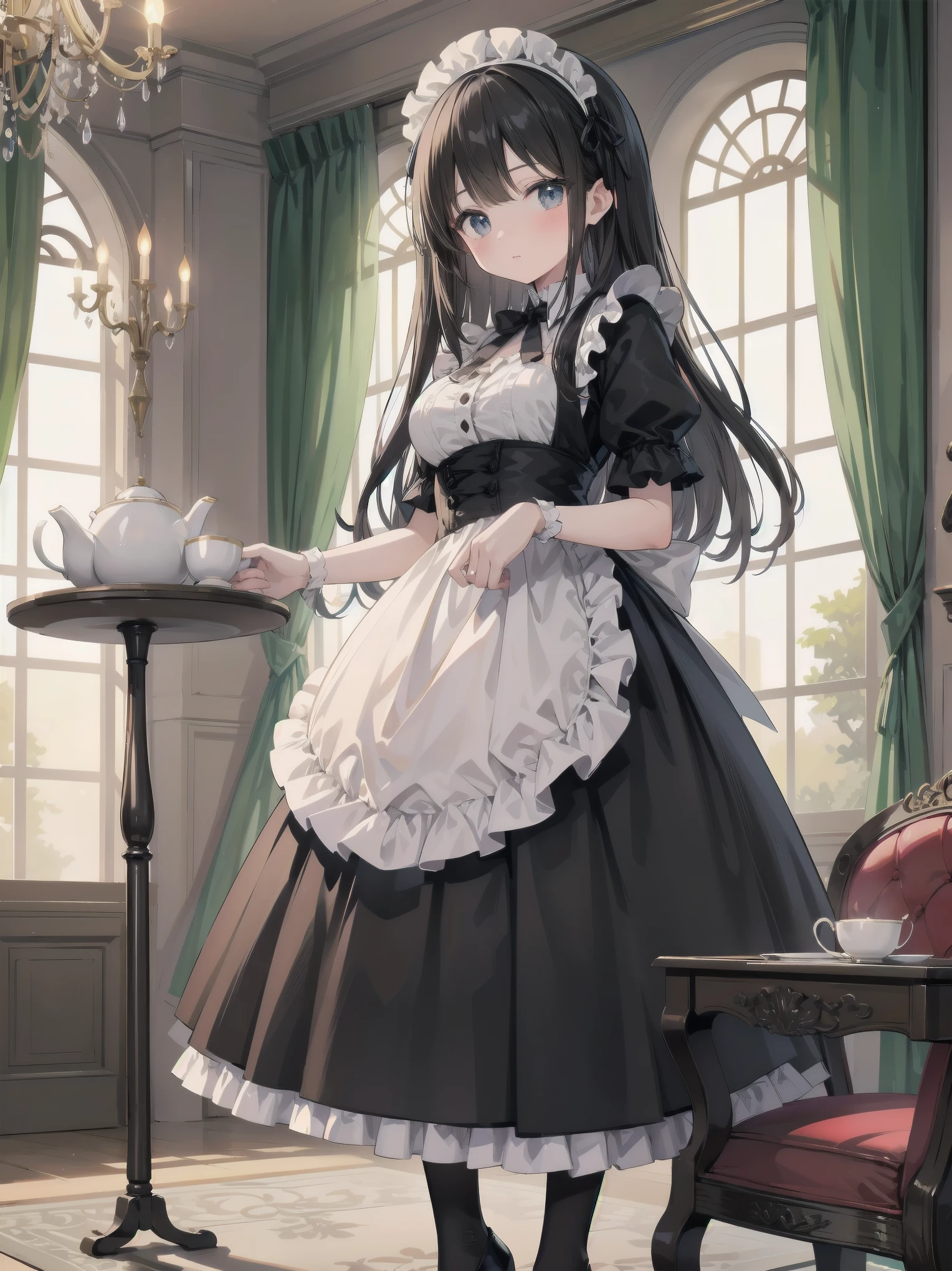 Illustration of a beautiful girl in a cute pose,(Masterpiece: 1.2), (Best quality: 1.2), A cute girl with long black hair, dressed in a classic black and white maid outfit with frilly lace and a matching headband, is standing in a beautifully decorated Victorian-style parlor. She is holding a silver tray with a teapot and teacup, her expression a mix of professionalism and warmth. The background includes ornate furniture, a chandelier, and large windows with heavy drapes, all bathed in soft afternoon light. This illustration emphasizes the elegant and welcoming atmosphere of a high-class tea service