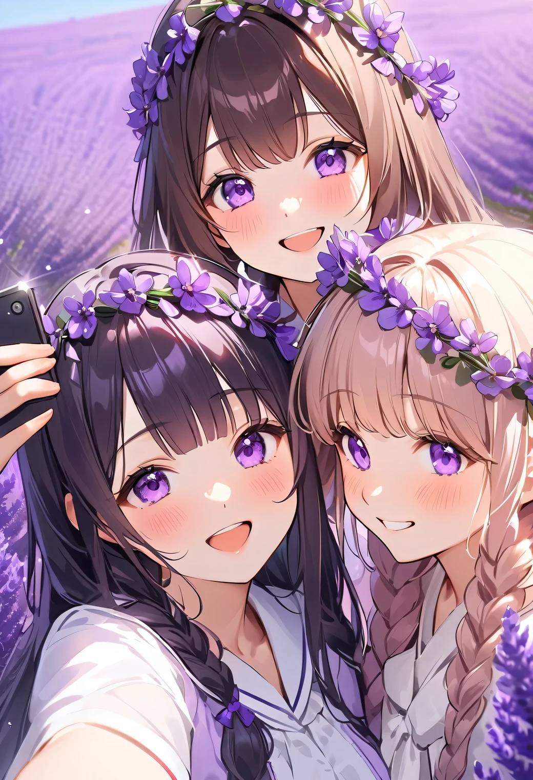 Highest quality、High resolution、Detailed Background、Beautiful face in every detail、Detailed eyes、Teenage beauty、Highly detailed face、Huge breasts、Perfect body line、Brown Hair、Black Hair、Braided bob cut、Braided Ponytail、cute hairstyle、Cute gestures、Natural beauty、Fun atmosphere、White Sailor One Piece、JK Uniform、(Three girls taking a selfie with a vast lavender field in the background:1.5)、
Purple Flower々The girls are smiling happily surrounded by、They have fun collecting lavender flowers to make flower crowns and bouquets to give to their families.、Among the lavender swaying in the gentle breeze、They take photos of each other while enjoying the scent of flowers.、The girls were engrossed in playing in the fairy-tale-like lavender fields.、I can tell that they are really enjoying themselves.、A bright scene that captures the joy of playing to your heart's content in nature and spending time with friends.、cute