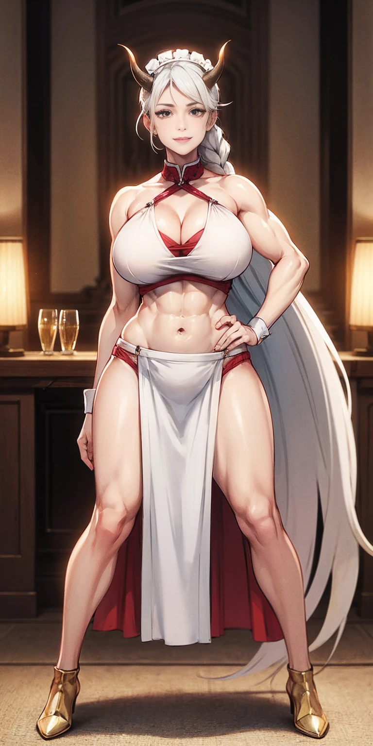 1 full length girl standing, good ass, maid of honor, Hairstyle with a white braid, white hair, blind, perfect lighting, muscular, thighs, mature woman, Mummy, belly button, ABS, look at the viewer (masterpiece, high quality: 1.1) smile, Extremely huge breasts, maternal, Porcelain skin, Extra long hair, shiny skin, good face, oni horns