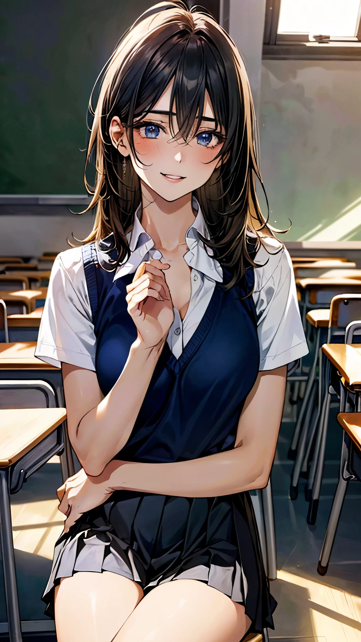 (masterpiece:1.3, top-quality, ultra high res, ultra detailed), (realistic, photorealistic:1.4), beautiful illustration, perfect lighting, colorful, depth of fields, , 
beautiful detailed hair, beautiful detailed face, beautiful detailed eyes, beautiful clavicle, beautiful body, beautiful chest, beautiful thigh, beautiful legs, beautiful fingers, 
looking at viewer, 1 girl, high school girl, (perfect anatomy, anatomically correct, super detailed skin), perfect face, perfect eyes, cute and symmetrical face, babyface, 
(long hair:1.5, messy hair, black hair), hair betw eyes:0.7, marine blue eyes, slant eyes, big eyes, long eye lasher, (medium breasts, seductive thighs), slender, shiny skin, glowing skin, 
(navy knit vest with white line, short sleeve white collared shirt, grey pleated skirt), black socks, white panties, 
(beautiful scenery), morning, (classroom:1.2), sitting on chair, (lovery smile, upper eyes, parted lips),