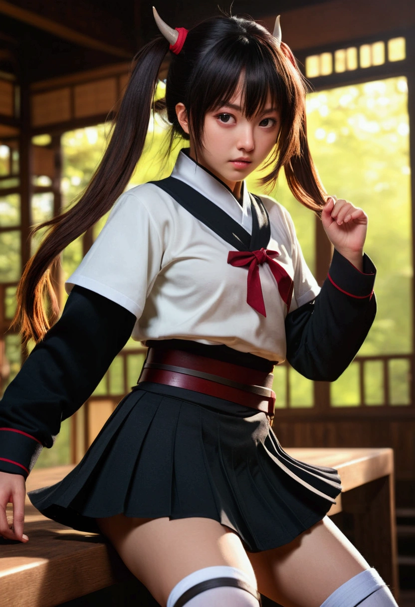 (RAW Photos, Highest quality), (Realistic, Photorealistic Truth: 1.3), Highest quality, Very detailed, masterpiece, Very detailedな, shape, One Girl, Kanao Tsuyuri, ((Buns pats,Side Ponytail)),(( Demon Slayer uniform:1.4)), Butterfly Hair Ornament,( white belt), ( White Cape),, (Black jacket), (Pleated skirt), belt, (Black Skirt), knees, buckle, belt buckle, upper_body, Dynamic Angle, World Mastery Theatre, Long hair flutters, Fluorescent Center, Highest quality, 8K wallpaper incorporating highly detailed CG, ink, wonderful, Cinema Lighting, lens_Flare, wuxia_style,(((Straight bangs:1.4))),(Blunt bangs:1.4), Natural Makeup,Ready for battle, great tit,Various poses,Broad perspective,