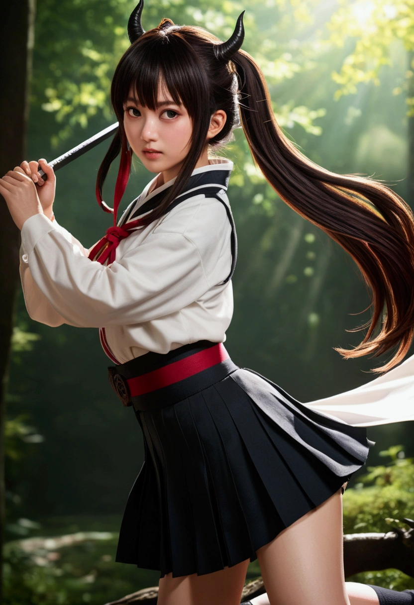 (RAW Photos, Highest quality), (Realistic, Photorealistic Truth: 1.3), Highest quality, Very detailed, masterpiece, Very detailedな, shape, One Girl, Kanao Tsuyuri, ((Buns pats,Side Ponytail)),(( Demon Slayer uniform:1.4)), Butterfly Hair Ornament,( white belt), ( White Cape),, (Black jacket), (Pleated skirt), belt, (Black Skirt), knees, buckle, belt buckle, upper_body, Dynamic Angle, World Mastery Theatre, Long hair flutters, Fluorescent Center, Highest quality, 8K wallpaper incorporating highly detailed CG, ink, wonderful, Cinema Lighting, lens_Flare, wuxia_style,(((Straight bangs:1.4))),(Blunt bangs:1.4), Natural Makeup,Ready for battle, great tit,Various poses,Broad perspective,