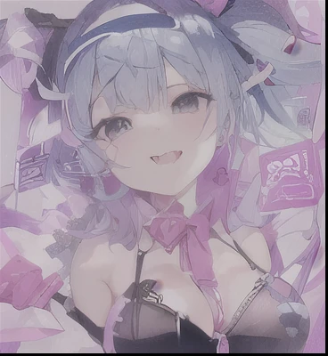 blue hair, tongue sticking out, playinc cards in bra