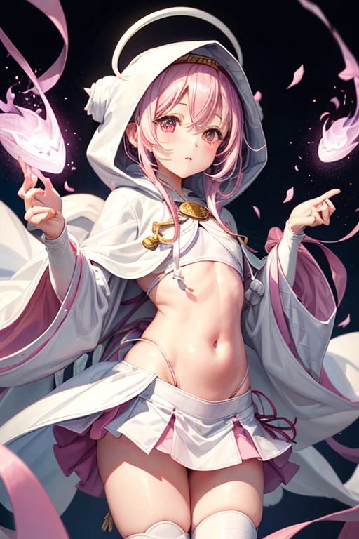 girl、Magia Records、(((Iroha Ring)))、(((hooded cloak)))、White turban、(((White hood with pink trim)))、White cloak、(((ピンク縁どりWhite cloak)))、(((White Super Mini Skirt)))、Black Stockings、Knee-high boots、Pink Hair、Bangs、One braid、((Belly button))、See-through black belly warmer、crossbow、Gloves、No decoration、Simple design、Cross the cloth to cover your chest、
