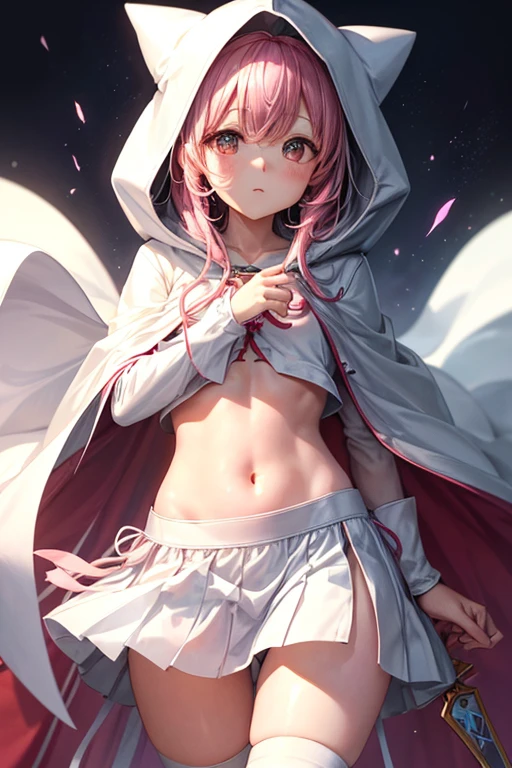 girl、Magia Records、(((Iroha Ring)))、(((hooded cloak)))、White turban、(((White hood with pink trim)))、White cloak、(((ピンク縁どりWhite cloak)))、(((White Super Mini Skirt)))、Black Stockings、Knee-high boots、Pink Hair、Bangs、One braid、((Belly button))、See-through black belly warmer、crossbow、Gloves、No decoration、Simple design、Cross the cloth to cover your chest、