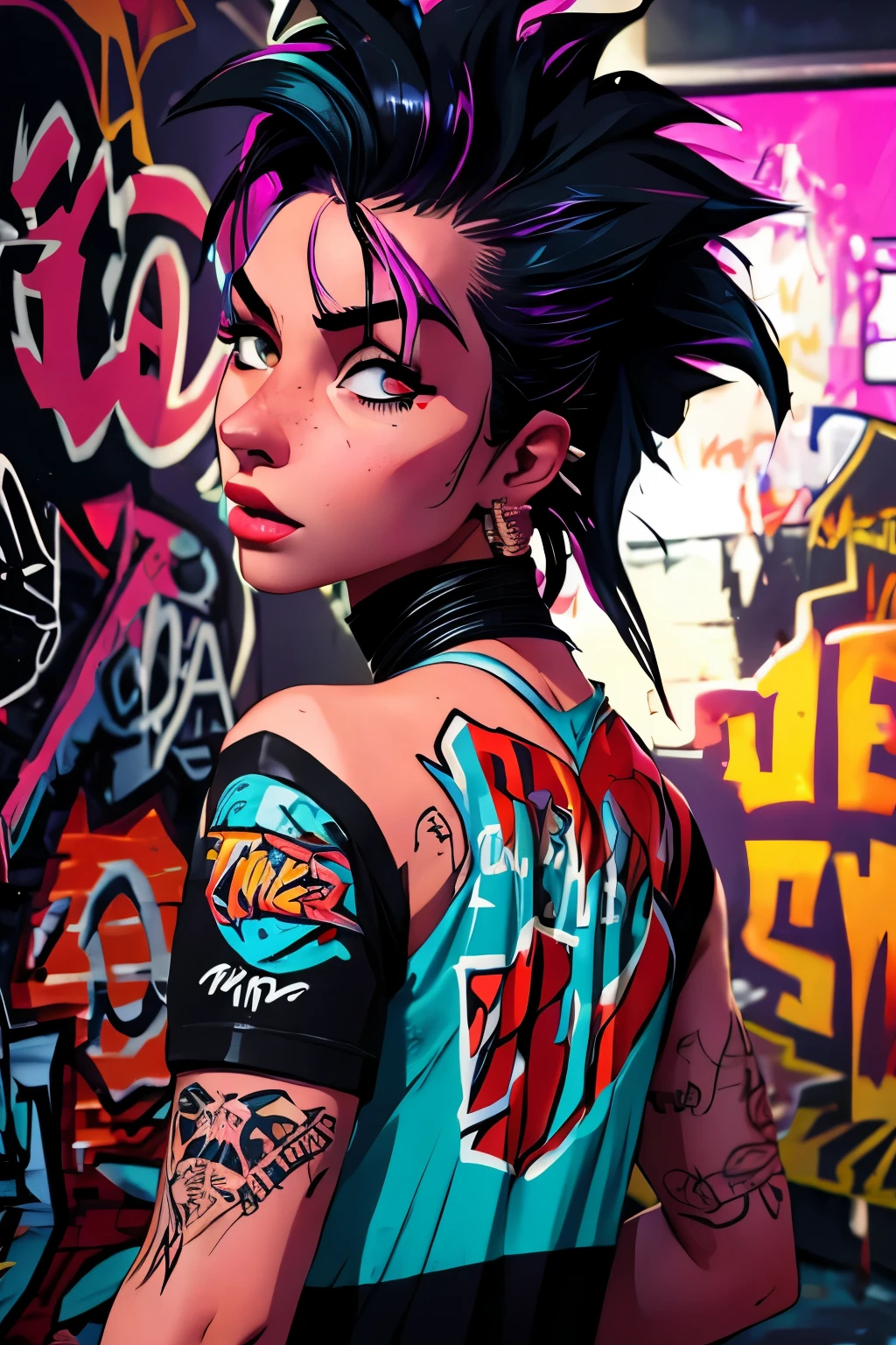 Photorealistic, ultra-detailed, ((back viewer, looking to spectator)), ((hot Rocker punk girl, spiky Black mohawk hair)) girl, hot Body, Nice Butt, abs, tattoo, t-shirt nipples, portrait photo, Solo, Brazilian Girl dimly lit room, edgy urban scene with graffiti, dark and moody, late evening, city lights flashing, neon lighting The essence of rock and roll, (((spike hair))), 18 years old, assertive, confident expression, showcasing multiple piercings, blurry background, analogue style, grunge texture, Best contrast, industrial, Instagram LUT, Professional, 4k, electrifying gaze, shot on Nikon, 50mm, shallow depth of field,  ((Abandoned Graffiti Wall Background, cinematic lighting )).