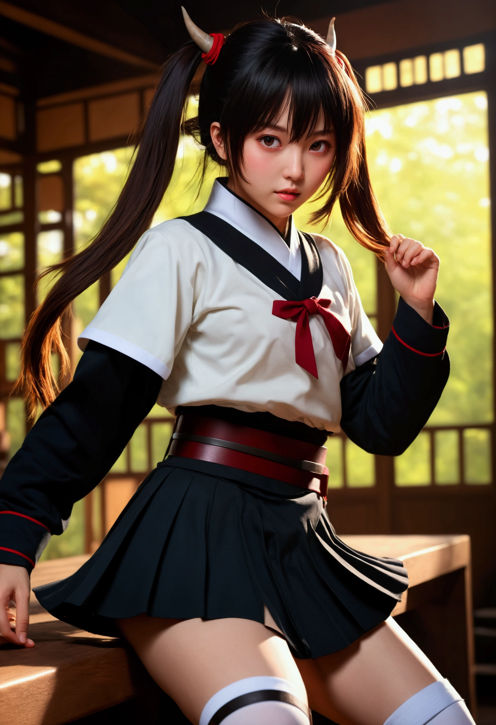 (RAW Photos, Highest quality), (Realistic, Photorealistic Truth: 1.3), Highest quality, Very detailed, masterpiece, Very detailedな, shape, One Girl, Kanao Tsuyuri, ((Buns pats,Side Ponytail)),(( Demon Slayer uniform:1.4)), Butterfly Hair Ornament,( white belt), ( White Cape),, (Black jacket), (Pleated skirt), belt, (Black Skirt), knees, buckle, belt buckle, upper_body, Dynamic Angle, World Mastery Theatre, Long hair flutters, Fluorescent Center, Highest quality, 8K wallpaper incorporating highly detailed CG, ink, wonderful, Cinema Lighting, lens_Flare, wuxia_style,(((Straight bangs:1.4))),(Blunt bangs:1.4), Natural Makeup,Ready for battle, great tit，Various poses,Broad perspective,